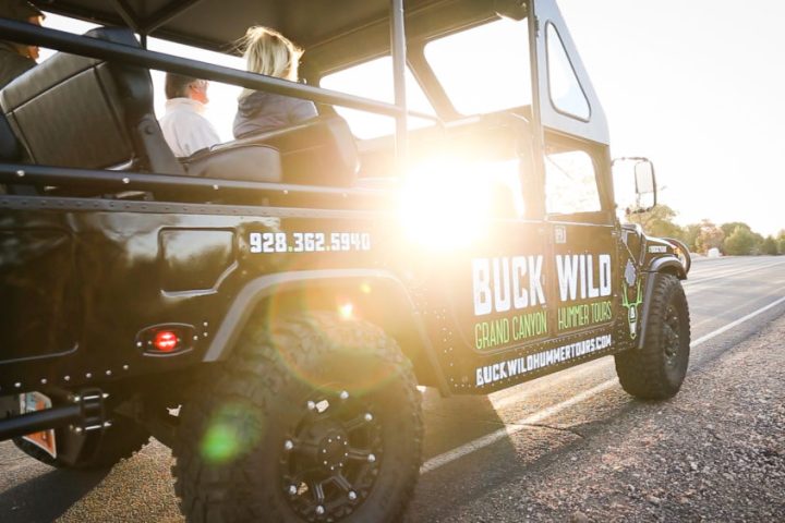 The sun shining through the window on one of the custom Buck Wild hummers at Private sunset tour at the Grand Canyon