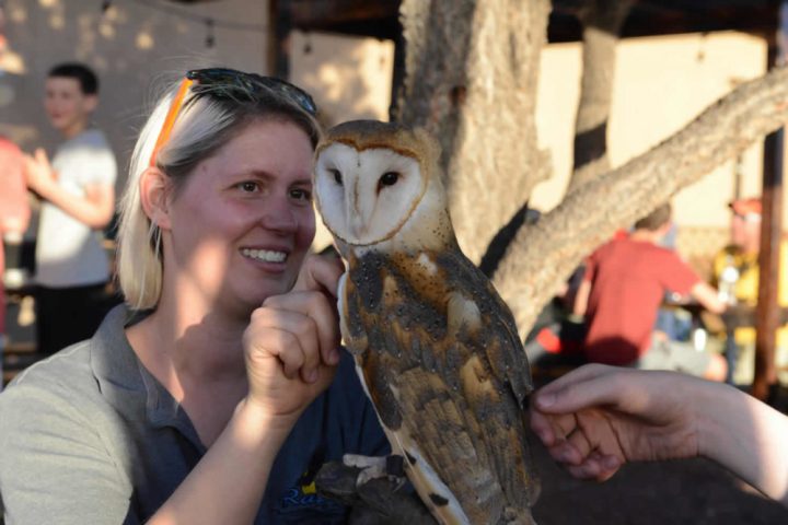 a woman holding a large owl