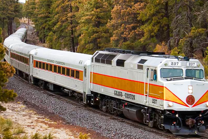 Train labeled Grand Canyon traveling through a forested area.